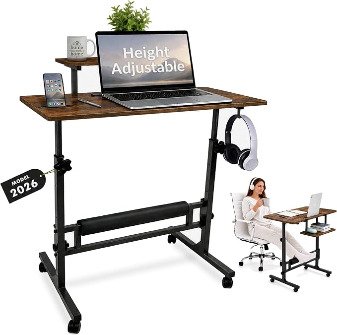 Small Rolling Desk with Wheels, Adjustable Height 27"-43.3" Portable Standing Desk, 31.5"x15.7" Tabletop, Mobile Laptop Computer Table for Home Office Workstation, Rustic Brown