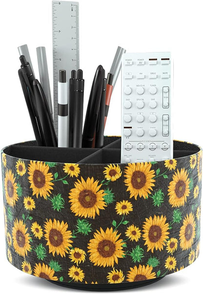 Round Leather Art Supply Organizer,Remote Control Holder,360 Degree Rotating,Multi-Functional Pencil Holder,4 Compartments Desktop Stationary Organizer(1-Sunflower)