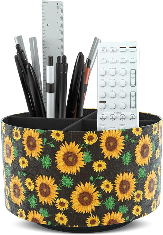 Round Leather Art Supply Organizer,Remote Control Holder,360 Degree Rotating,Multi-Functional Pencil Holder,4 Compartments Desktop Stationary Organizer(1-Sunflower)