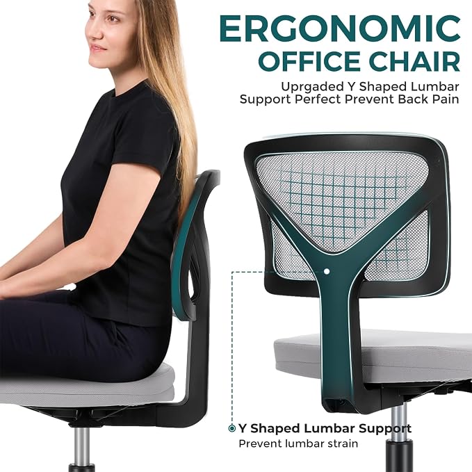 DUMOS Armless Desk Chairs Set of 2, Ergonomic Adjustable Home Office Swivel Rolling Task Chair No Arms, Comfy Mesh Mid Back Computer Work Vanity Desk Chiars with Wheels for Small Spaces, Light Grey