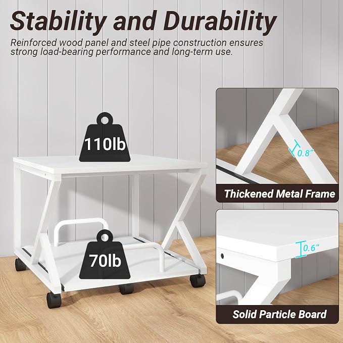 Natwind 2 Tier Printer Stand,19.7''x19.7'',with Pull Out Shelf,White | Easy Reach for Lower Shelf Items,Rolling Printer Cart with Wheels,Fits Under Desk,Supports 180lbs,for Home Office Kitchen