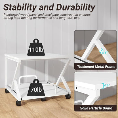 Natwind 2 Tier Printer Stand,19.7''x19.7'',with Pull Out Shelf,White | Easy Reach for Lower Shelf Items,Rolling Printer Cart with Wheels,Fits Under Desk,Supports 180lbs,for Home Office Kitchen