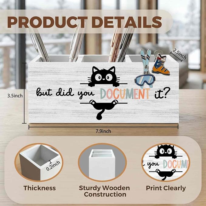 Funny Black Cat Pencil Pen Holder for Desk Organizer, Black Cat Gifts, HR Human Resource Gifts, But Did You Document It Wooden Box Decorations for Office Workplace Desk Tabletop Decor