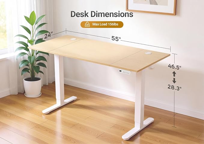 YDN Electric Standing Desk Adjustable Height, 55 x 24 Inches Sit Stand up Desk with Memory Presets & Cable Management, Home Office Desk for Office & Computer Workstation, White Frame/Nature Top