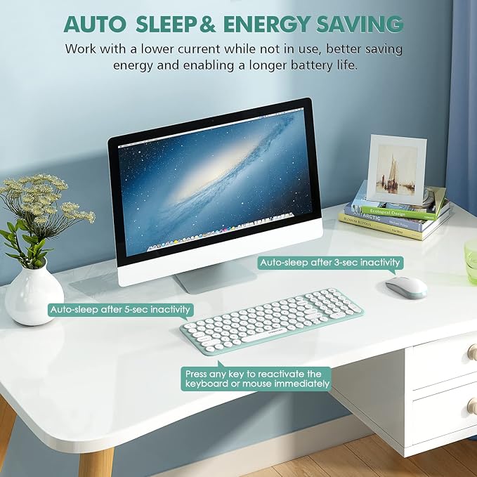 Wireless Keyboard and Mouse Combo,XTREMTEC 2.4GHz Quiet Slim Cute Round Keycap Compact Size Green Kawaii Cordless Retro Keyboard Mouse Set Home Office Accessories for Mac/Windows(Macaron Green)