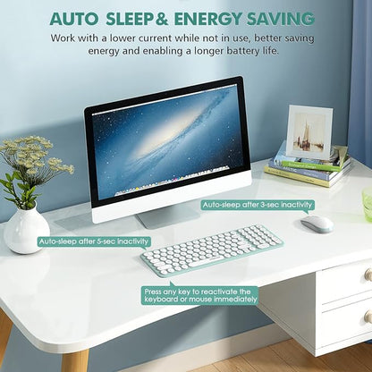 Wireless Keyboard and Mouse Combo,XTREMTEC 2.4GHz Quiet Slim Cute Round Keycap Compact Size Green Kawaii Cordless Retro Keyboard Mouse Set Home Office Accessories for Mac/Windows(Macaron Green)