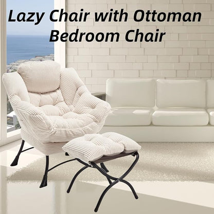 Modern Lazy Chair with Ergonomic Ottoman, Comfortable Lounge Chair with Footrest for Space Saving, Comfy Reading Armchair for Living Room, Bedroom, Office, White