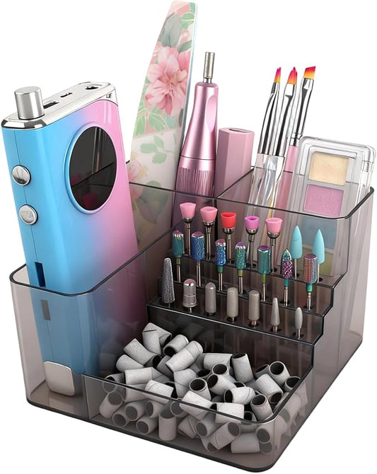 Nail Drill Holder, 21 Holes Nail Drill Machine & Bits Storage Box, Acrylic Nail Drill Bit Holder Professional Nail Tools Organizer, Nail Desk Organizer for Nail Tech (Gray)