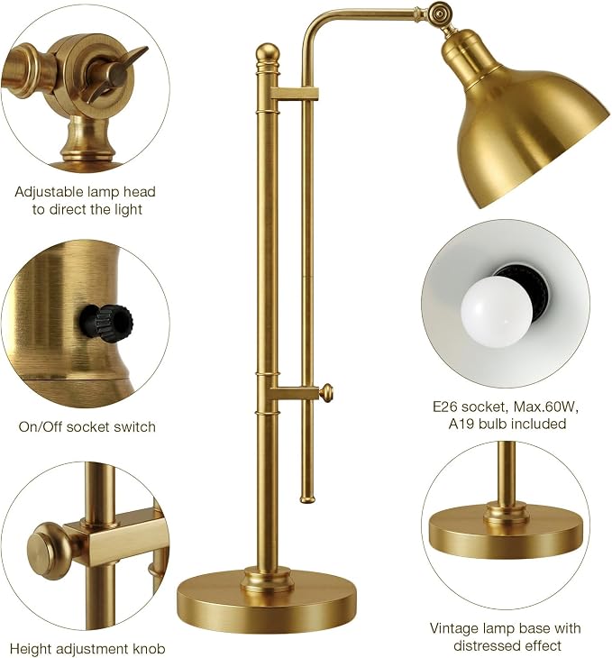 PARTPHONER Industrial Adjustable Desk Lamp for Home Office, Farmhouse Table lamp 29''-38'', Rustic Metal Task Desk Lamp in Brushed Gold Finish, Vintage Reading Lamp for Study Room，Gold