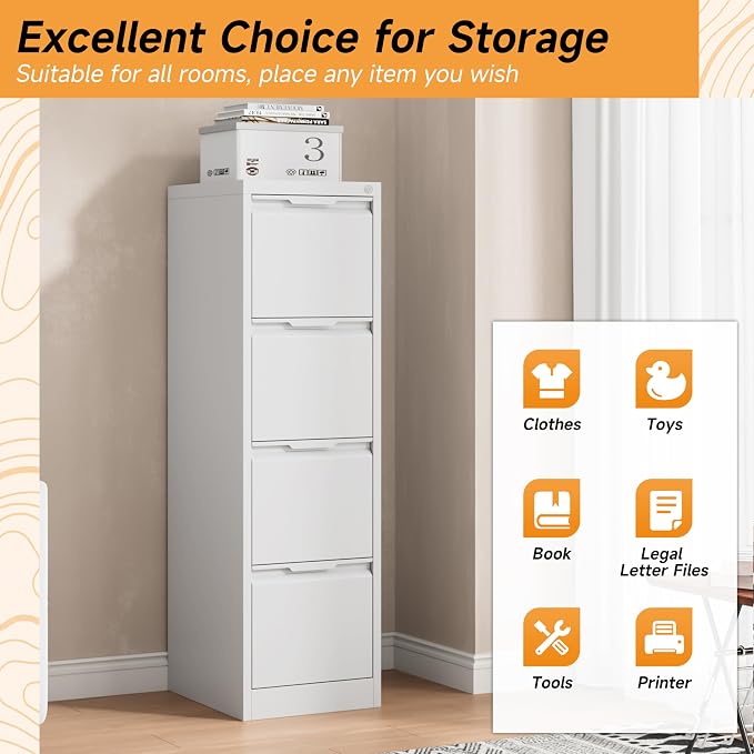 Bestoo 4 Drawer File Cabinet with Lock Metal Vertical Filing Cabinet Narrow File Cabinet Locked for Home Office A4 Legal/Letter Size Assembly Required (White, 4 Drawers-Vertical)