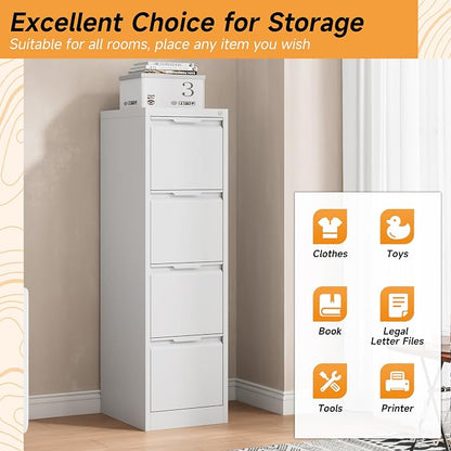 Bestoo 4 Drawer File Cabinet with Lock Metal Vertical Filing Cabinet Narrow File Cabinet Locked for Home Office A4 Legal/Letter Size Assembly Required (White, 4 Drawers-Vertical)