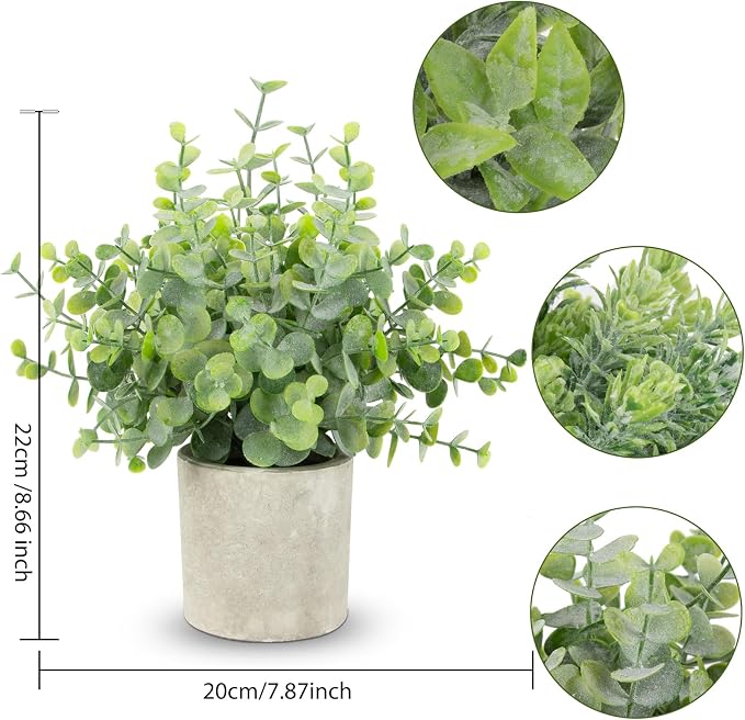 CCILAND 3 Pack Small Potted Fake Plants, Artificial Eucalyptus Plants, Lifelike Faux Frost-Hung Plants Topiaries for Home Office Shelf Desk Living Room Greenery Decor
