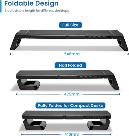 Ewent RGB Monitor Stand, Adjustable Screen Stand, Foldable with Storage Drawer, Smartphone and Tablet Holder + 4 USB 3.2Gen1 Ports, Monitor Riser for PC/Laptop/iMac, Black