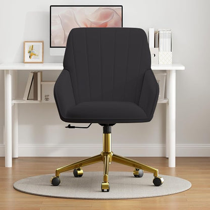 YISHENG Velvet Home Office Chairs with Gold Base, Height Adjustable 360 Degree Swivel Desk Chair with Wheels, Upholstered Tufted Modern Vanity Chairs for Living Room, Bedroom,Study Room (Black)
