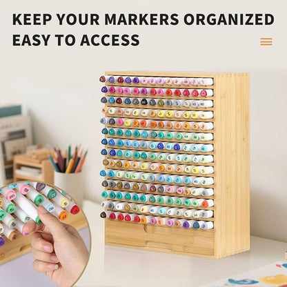 AUTOARK Natural Bamboo Marker Organizer with Drawer, AHK-065 | 182 Slots