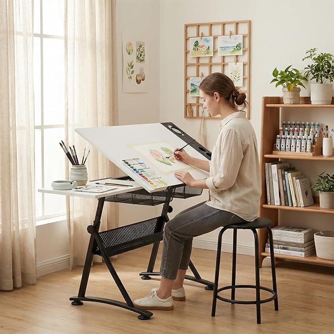 Magshion Professional Drafting Table for Adults w/Stool, Tilting Wooden Tabletop & Adjustable Height, Art Craft Desk Watercolor Paintings Sketching Work Station for Studio Home Office School (White)