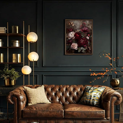 Framed Vintage Dark Floral Wall Art, Moody Burgundy Peony Canvas Wall Decor Picture, Retro Rustic Botanical Still Life Painting for Living Room Bedroom Bathroom 12x16 Inch