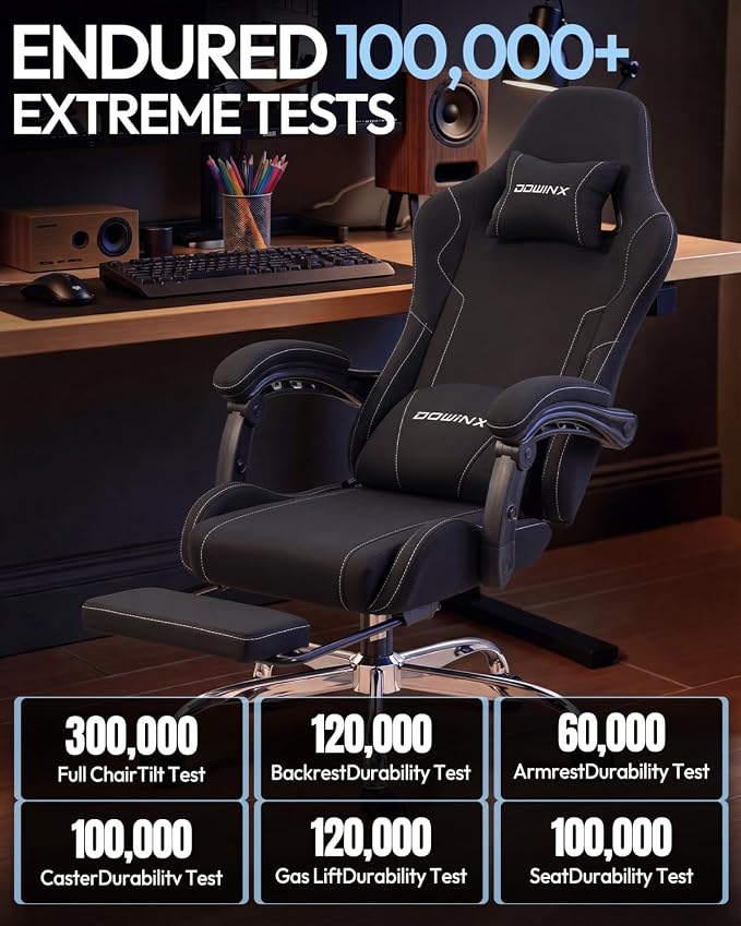 Dowinx Ergonomic Gaming Chair with Footrest & Massage Lumbar, 2D-Linkage Armrests for Computer Chair 330lbs with Headrest Pillow for Office, Home, Streaming and Long Gaming Sessions, Fabric Black