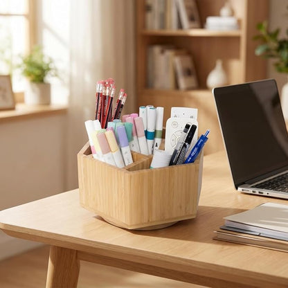 360° Rotating Bamboo Desk Organizer Hexagon Art Supply Holder Office Storage for Colored Pencils, Crayons, Paint Brushes, and Makeup Cosmetics