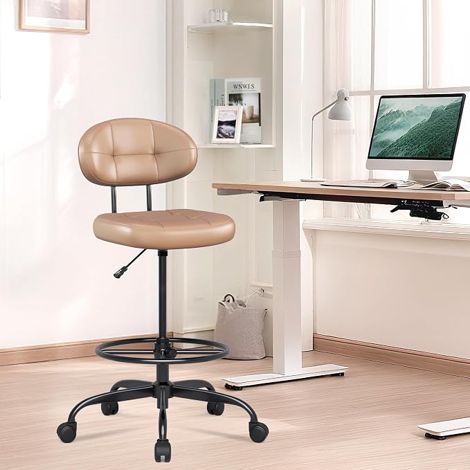Misolant Drafting Chair Without Arms, Tall Office Chair with Footrest Ring for Standing Desk, Small Faux Leather Executive Office Chair with Adjustable Height for Bar Lab Counter Height Desk, Brown
