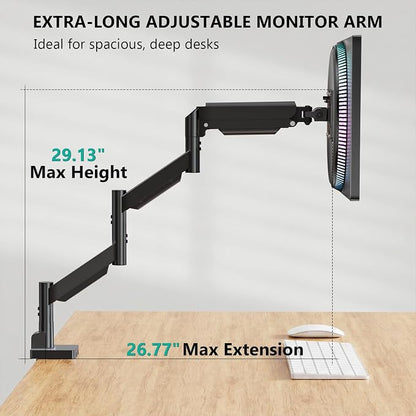 WALI Extra Long Single Monitor Arm for 17-38 inch Screens, up to 26.4 lbs | Tall Monitor Desk Mount, Full Motion with Tilt, Swivel, Rotation, C-Clamp/Grommet Base, VESA 75/100mm (GSMP001L), Black