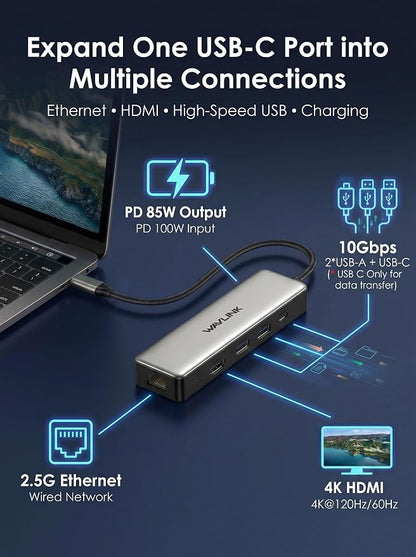 USB C Hub 2.5G Ethernet, WAVLINK 10Gbps USB C Hub Multiport Adapter with 2.5Gb RJ45 Ports, 4K@120Hz HDMI, 3 * 10Gbps USB-A/C, PD 85W, for MacBook Neo/Pro/Air, iPad, Acer, Dell, HP, Lenovo, Asus