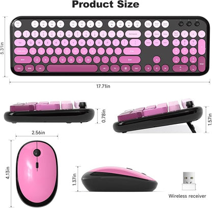 Wireless Keyboard Mouse Combo - Lovely Blackpink-Gradient Rainbow Full-Sized Typewriter Colorful Keyboards, Round Keycap Plug Play Retro Cute Keyboards for Windows, Laptop, PC, Desktop, Computer