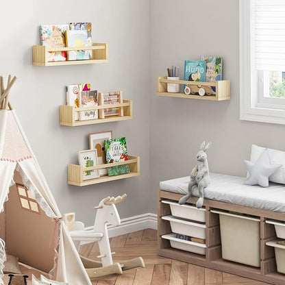 Fixwal Nursery Book Shelves, 16.5 Inch Floating Nursery Bookshelves, Set of 4, Solid Wood Wall Mounted Shelves for Books and Toys Storage (Natural Wood)