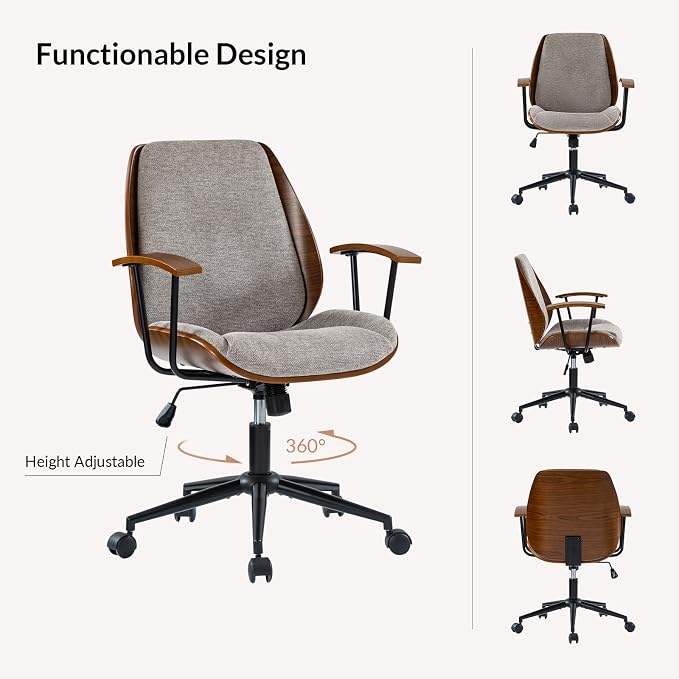 Modern Ergonomic Office Chair with Wood Frame & Metal Base, Swivel Home Office Desk Chairs with Adjustable Height, Comfy Upholstered Computer Chair, Tan