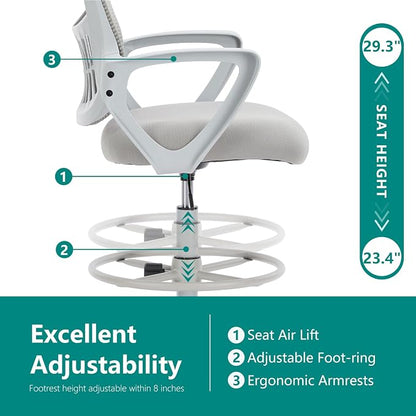 DUMOS Ergonomic Drafting Chair, Tall Office for Standing Desk, Counter with Height Adjustable and Comfortable Lumbar Support, Fixed Armrests, for Bedroom Livingroom, Dove Gray