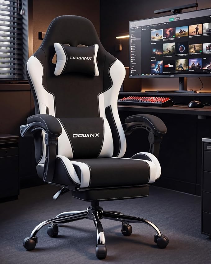 Dowinx Ergonomic Gaming Chair with Footrest & Massage Lumbar, 2D-Linkage Armrests for Computer Chair 330lbs with Headrest Pillow for Office, Home, Streaming and Long Gaming Sessions, Fabric White