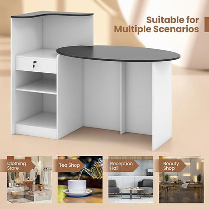 Tangkula Reception Desk, Front Counter Desk with Lockable Drawers, L Shaped Retail Counter with Oval Desktop, Checkout Computer Workstation for Salon Lobby Home Office