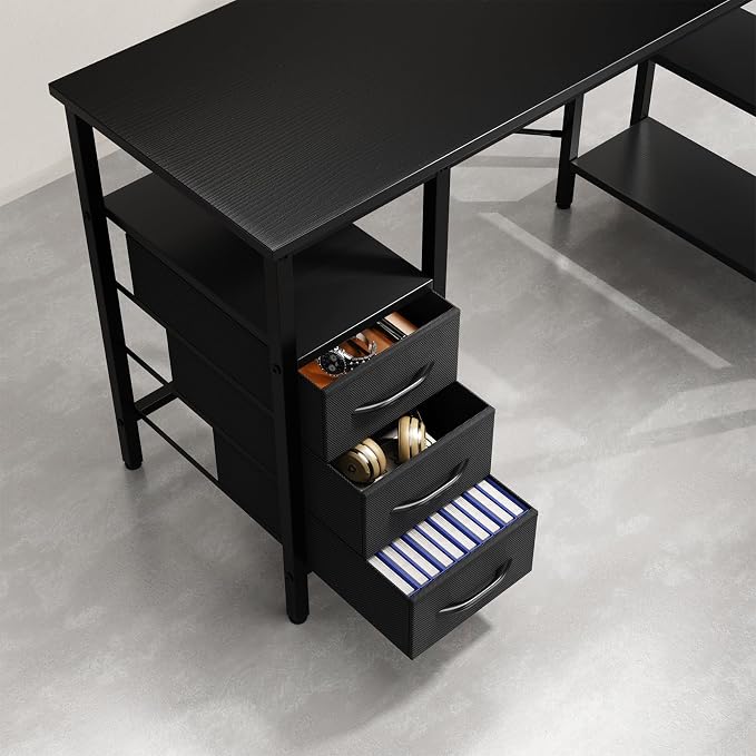 Simple Deluxe L Shaped Gaming Desk with Power Outlets, 47 Inch Computer Desk with 3 Drawers, Shelves, Corner Computer Desk for Gaming, Corner Work, Home Office, Study, Black
