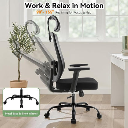 Ergonomic Office Chair Mesh High Back, Office Desk Chair with Adjustable Lumbar Support, Rolling Work Chairs with Wheels and 3D Headrest, Black