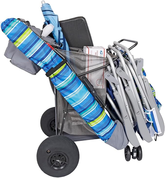 Ultimate Beach Cart with Balloon Wheels for Sand – Buggy Wagon with Big Wheels, Insulated Cooler Bag, Boogie Board & Umbrella Holder, 100 lbs Load Capacity