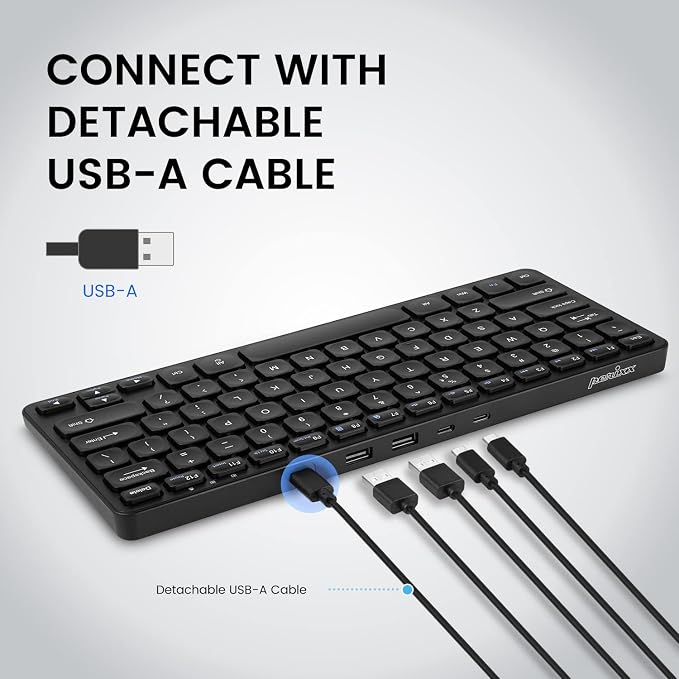 Perixx PERIBOARD-416 Wired Mini USB Keyboard with 4 Hubs - X Type Scissor Keys - Detachable USB-C and A Cable - US English