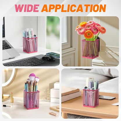 Segarty Pen Cup, 12 Pack Square Dark Pink Pen Holder for Desk, Multifuntional Mesh Pencil Cups Holder for Marker, Office Supplies, School Students, Home, Desktop Accessories Storage Organizer