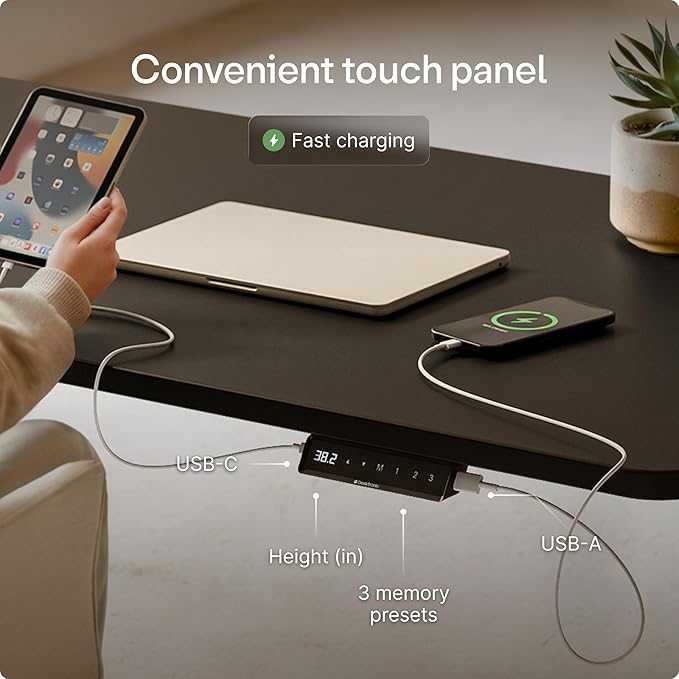 Desktronic HomeOne Standing Desk 48x24 — Ergonomic Sit Stand Home Office Desk, Made in Europe, Electric Dual Motor Height Adjustable, USB & USB-C Charging, Wobble-Free, Touchscreen, 3 Memory Presets