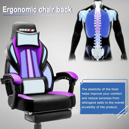 LEMBERI Big and Tall Gaming Chair 400lb Capacity, Heavy-Duty Office Chair with Reinforced Footrest, Wide Seat High Back PC Desk Chair with Linkage Armrests, Thickened Steel Frame, PU Leather, Purple