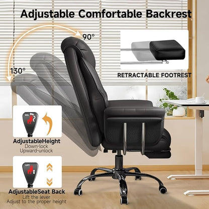 Big and Tall Office Chair 550 lbs Extra Wide Leather Executive Chair with Retractable Footrest, Heavy-Duty Ergonomic Chair, Adjustable Height Computer Gaming Chairs
