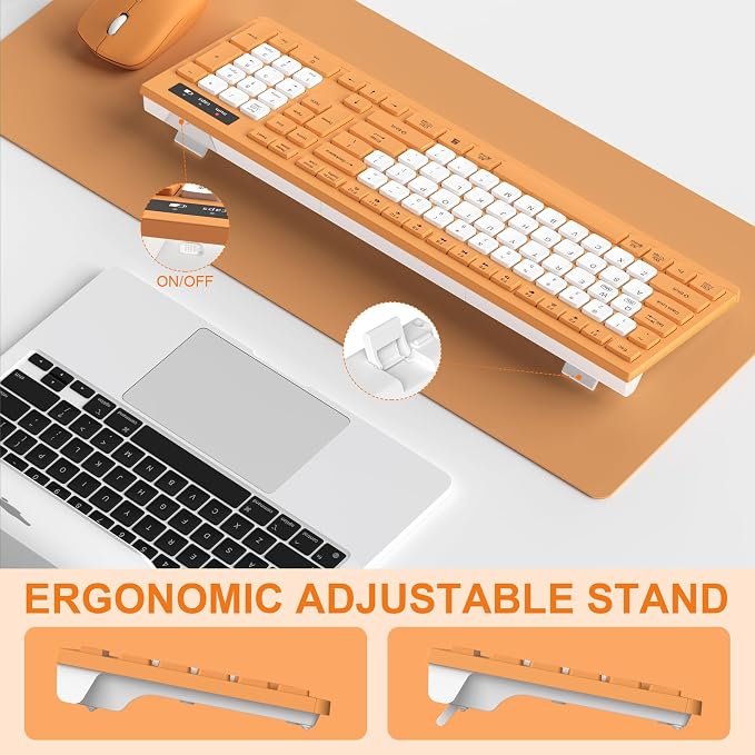 Wireless Keyboard and Mouse Combo, Full-Sized Wireless Keyboard and Adjustable DPI Mouse, 2.4GHz USB Receiver, Keyboard and Mouse for PC, Windows, Desktop, Laptop (Orange-B)