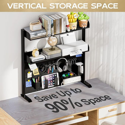 Adjustable Desktop Hutch Bookshelf, Desk Shelf Organizer with Pegboard and Thickened Metal Frame, 2 Tier Display Rack, Countertop Storage, Wood Bookcase for Home, Dorm or Office, Black, 38.9" W