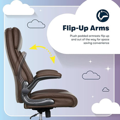Serta Torrington Big & Tall Office Chair, with Flip-Up Padded Armrests, Ultra-Comfortable ComfortCoils Seat Cushion Technology, Modern Executive Premium PU Desk Chair, Dark Brown