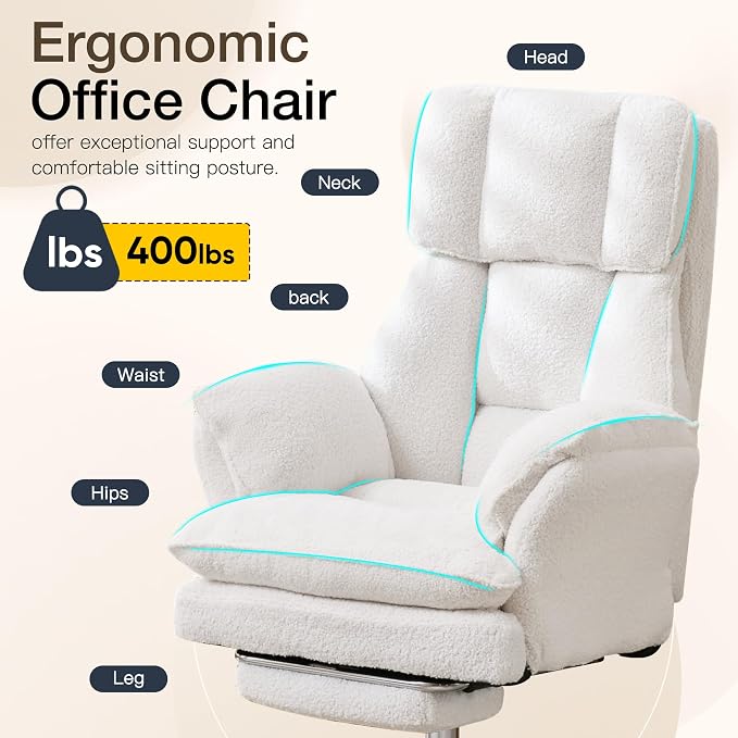 Cloud Cross Legged Office Chair with Footrest,Teddy Fleece Big and Tall Executive Ergonomic Chair, Flip Armrests for Pets,155° Reclining Computer Wide Desk Chair for Home,Office (White)