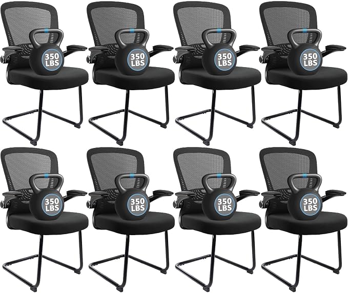 CLATINA Office Guest Chair no Wheels with Lumbar Support and Flip-up Armrest Mid Back Mesh Space Air Grid Series Sled Base for Reception Conference Room Black Set of 8