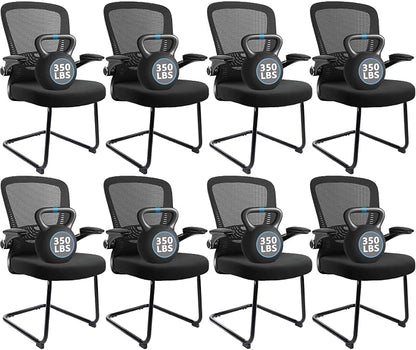 CLATINA Office Guest Chair no Wheels with Lumbar Support and Flip-up Armrest Mid Back Mesh Space Air Grid Series Sled Base for Reception Conference Room Black Set of 8