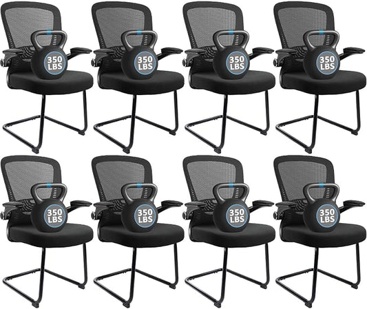 CLATINA Office Guest Chair no Wheels with Lumbar Support and Flip-up Armrest Mid Back Mesh Space Air Grid Series Sled Base for Reception Conference Room Black Set of 8