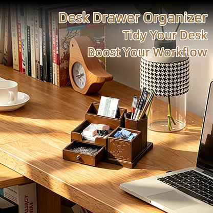 Bamboo Desk Organizer with Drawer, Pen Holder & Business Card Slot, Multi-Compartment Desktop Storage Caddy, Wood Desk Accessories for Office & Home Office, Dark Brown Finish