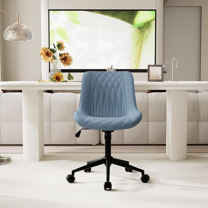 YOUNIKE Blue Office Desk Chair No Arms Vanity Chair with Wheels Modern | Armless, ergonomic high-back design. Comfortable padding and waterproof faux leather. Swivel and height-adjustable.