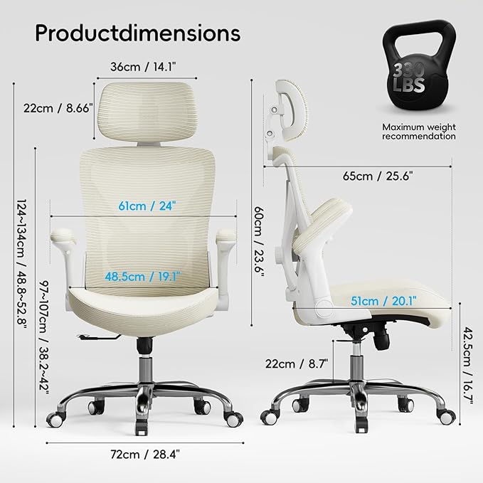 Ergalithic Office Home Ergonomic Desk Chair-Computer X-Shaped Chair Mesh PU Leather with Adjustable Lumbar Support-Executive Chair High Back with Headrest Flip-Up Arms for Long Hours (Beige)